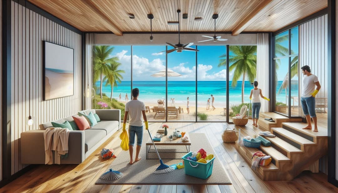 Image of beach house with people cleaning inside